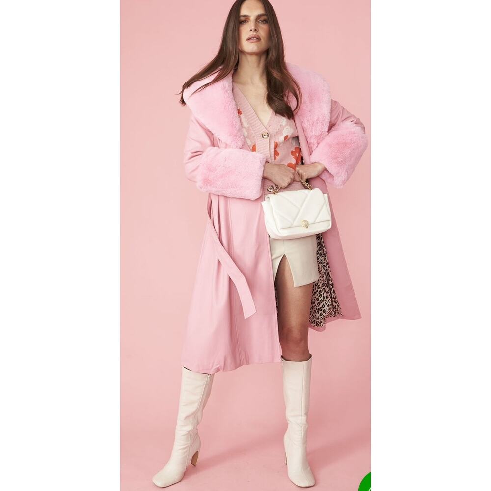JAYLEY Pink Trench Style Belted Coat with Faux Fur Cuffs and Collar S/M - Picture 2 of 6